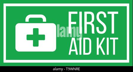 Erste Hilfe Kit label oder unterzeichnen. Medizinische Box mit Kreuz. Medizinische Ausrüstung für den Notfall. Healthcare Konzept. Vector Illustration auf weißen isoliert Stock Vektor