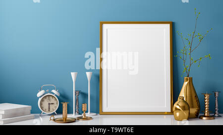 3D-Rendering von leeren Foto oder Bild vor der blauen Wand als Vorlage oder Mockup mit Vase und Leuchter als Dekoration im Zimmer zu Hause mit Stockfoto