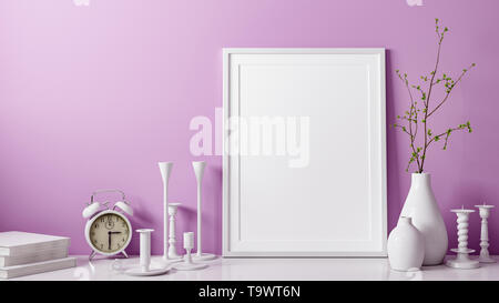 3D-Rendering von weiß und leer Foto oder Bild vor rosa Wand als Vorlage oder Mockup mit Vase und Leuchter als Dekoration im Zimmer an Stockfoto