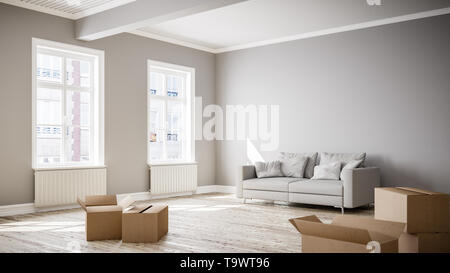 3D-Rendering des sonnigen aber teuer leeren Wohnzimmer mit Kisten und Sofa oder Couch in der Altstadt Gebäude Stadthaus oder eine Wohnung zum Mieten oder b Stockfoto