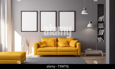 3D-Rendering von gelben Couch oder Sofa im Wohnzimmer vor der grauen Wand mit Kopie Raum und modernen oder minimalistischen Interieur und weißen Boden Stockfoto
