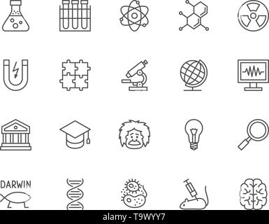 Einstellen der Wissenschaft Zeile für Symbole. Schule Globus, Professor, Evolution, DNS und mehr. Stock Vektor