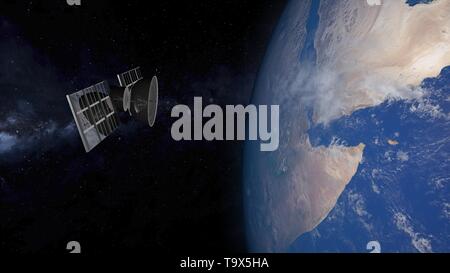 3D-Illustration der Sat-Scannen und die Erde Überwachung aus dem Weltraum. Der Satellit umkreist die Erde. Stockfoto