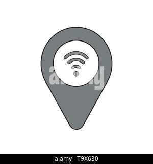 Vektor icon Konzept des Kartenzeigers mit Wireless wifi Symbol. Schwarzen umrissen und gefärbt. Stock Vektor