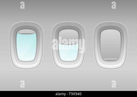 Vector 3d Realistische drei weißen Kunststoff Bullaugen von Flugzeug mit offenen und geschlossenen Jalousien. Icon Set Nahaufnahme. Blick vom Flugzeug Flug Fenster Stock Vektor