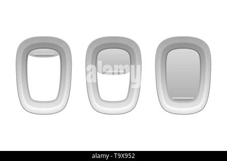 Vector 3d Realistische drei weißen Kunststoff Bullaugen von Flugzeug mit offenen und geschlossenen Jalousien. Icon Set Nahaufnahme. Blick vom Flugzeug Flug Fenster Stock Vektor