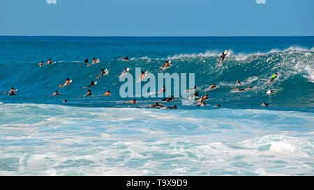 Überfüllte welt-berühmten surf Bruch der Rohrleitung, North Shore von Oahu, Hawaii, USA Stockfoto