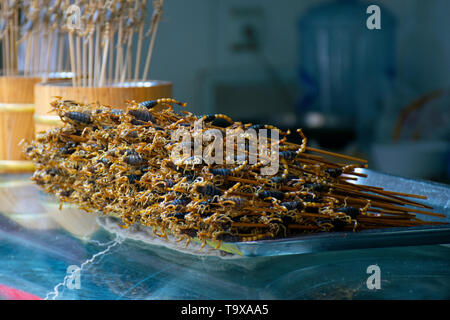 Schwarz Scorpions in einem Stick, exotische Snack an der Snackbar Wangfujing Street, Beijing, China verkauft Stockfoto