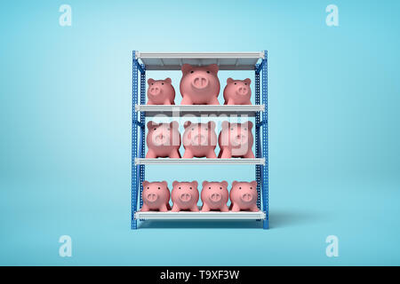 3D-Rendering von pink Piggy banks auf Silber Blau metall Regalböden auf blauem Hintergrund Stockfoto