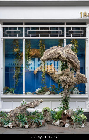 Dolphin Blumenarrangement außerhalb der Kleinen Weißen Unternehmen Shop im Pavillon Straße für Chelsea in der Blüte 2019. Chelsea, London, England Stockfoto