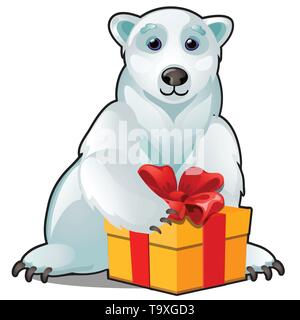 Animierte polar white bear mit Weihnachten Geschenk mit roter Schleife auf weißem Hintergrund. Stock Vektor