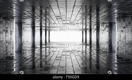 Dunklen Fliesen leere Wand zimmer Flur innen glänzend und Beleuchtung Hintergrund, 3D-Rendering. Stockfoto