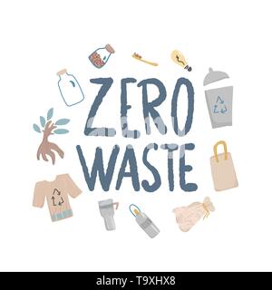 Null Abfall hand Elemente mit Schriftzug gezogen. Zitat mit Eco lifestyle Symbole. Vektor Konzept. Stock Vektor