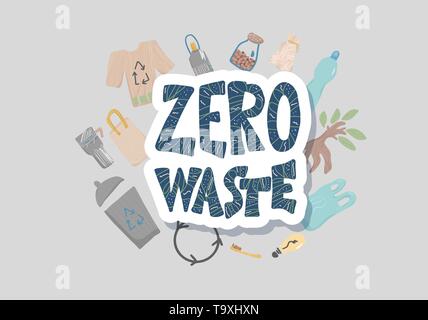 Null Abfall hand Elemente mit Schriftzug gezogen. Zitat mit Eco lifestyle Material. Vektor Prinzipdarstellung. Stock Vektor