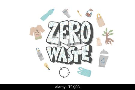 Null Abfall Konzept. Zitat mit Eco style Design Stuff. Hand Elemente mit Schriftzug auf weißem Hintergrund dargestellt. Farbe Vector Illustration. Stock Vektor