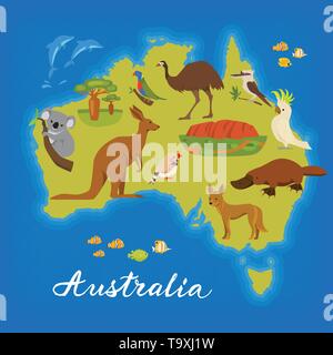 Australien Karte mit niedlichen tieren. Vektor Plakat mit Australien Karte. Australische Tiere. Stock Vektor