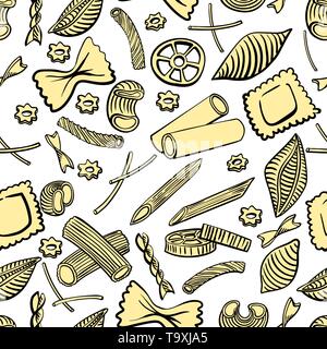Nahtlose Muster mit italienischen Teigwaren verschiedener Art. Farbige Hand zeichnen auf weißem Hintergrund. Vector Illustration Stock Vektor