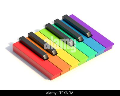 Mehrfarbige Piano keys eine Oktave Seitenansicht 3D-Render Abbildung auf weißem Hintergrund Stockfoto