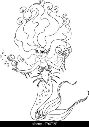 Vectorr schwarz, weißer Umriss cartoon süße Mermaid Fairy Meer Stock Vektor