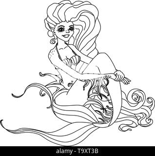 Vectorr schwarz, weißer Umriss cartoon süße Mermaid Fairy Meer Stock Vektor