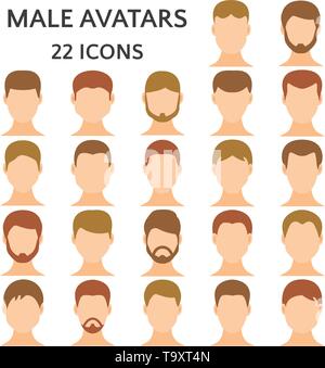 Männliche Avatare Icon Set. Mann ohne Emotionen auf dem Gesicht, dem Kerl mit verschiedenen Frisuren und Haarfarben Vector Illustration Stock Vektor