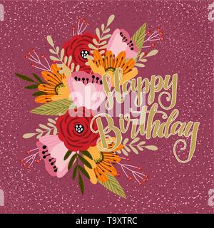 Happy Birthday, Floral Hand zeichnen Design Konzept, Doodle Blumen mit Text auf dunklem Hintergrund, Vektor Stock Vektor