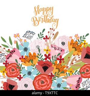 Alles Gute zum Geburtstag. Postkarte Vorlage mit niedlichen Hand zeichnen helle Strauß Blumen auf weißem Hintergrund, Vektor Stock Vektor
