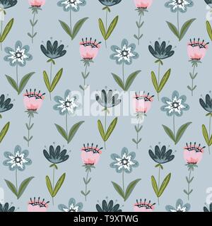 Nahtlose Muster mit Handzeichnung doodle Blumen und Blätter auf einem blauen Pastellfarben Hintergrund. Vektor Stock Vektor