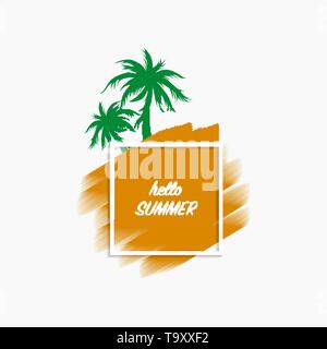 Hallo Sommer moderne Banner weißer Hintergrund mit orange Pinselstrich und grüne Palmen, Vektor, Abbildung, eps-Datei Stock Vektor