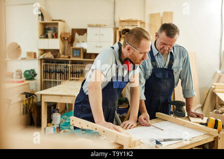 Portrait von älteren Tischler lehre Lehrling beim zusammen arbeiten in Tischlerei Werkstatt, Platz kopieren Stockfoto