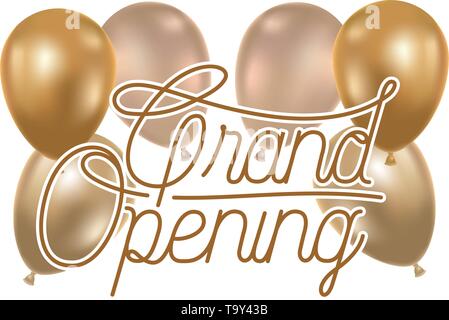 Grand opening Label mit Helium Luftballons Stock Vektor