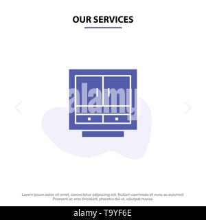 Unsere Dienstleistungen Cabinet, Business, Schublade, Dateien, Möbel, Büro-, Lager solide Glyph Icon Web Karte Vorlage Stock Vektor