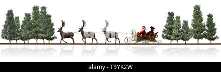 Weihnachten Panorama - Weihnachtsmann, Schlitten, Rentiere, Bäume auf weißem Hintergrund Stockfoto