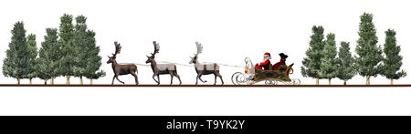 Weihnachten Panorama - Weihnachtsmann, Schlitten, Rentiere, Bäume auf weißem Hintergrund Stockfoto