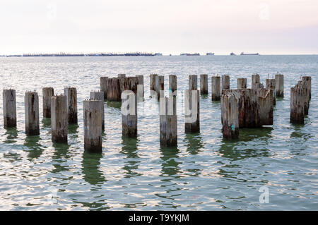 Shanghai, China - Jun, 2013: Pfähle aus dem Wasser kleben verlassenen Pier. Stockfoto
