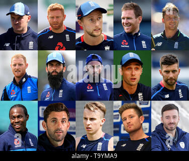 Das zusammengesetzte Bild von England (obere Reihe) Jason Roy, Jonny Bairstow, Joe Root, Eoin Morgan, Jos Buttler. (Mittlere Reihe) Ben schürt, moeen Ali, Adil Rashid, Chris Woakes, Mark Holz. (Untere Reihe) Jofra Archer, Liam Plunkett, Tom Curran, Liam Dawson, James Vince. Stockfoto