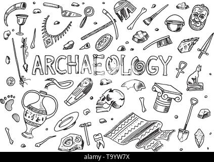 Einstellen der Archäologie Tools, Wissenschaft, Artefakte. Ausgegrabenen Fossilien und alten Knochen. Hand Doodle Skizze Stil gezeichnet. Stock Vektor