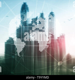 3D Erde Hologramm auf unscharfen Hintergrund. Global Business und Kommunikation Konzept. Stockfoto
