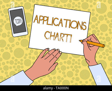 Handschrift text Anwendungen Chart. Konzeptionelle Foto Grafik verwendet, um zu studieren, wie ein Prozess Veränderungen über die Zeit der Ansicht von oben Mann Schreiben leeres Papier Kugelschreiber Bleistift Stockfoto