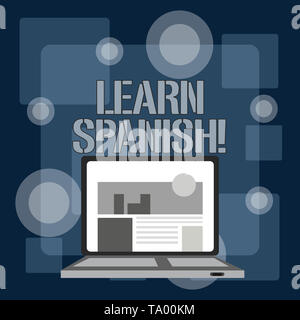 Schreiben Hinweis Übersicht Spanisch lernen. Business Konzept für Gewinn oder Kenntnisse sprechen und schreiben Spanisch Laptop Eingeschaltet mit Website Hom Stockfoto