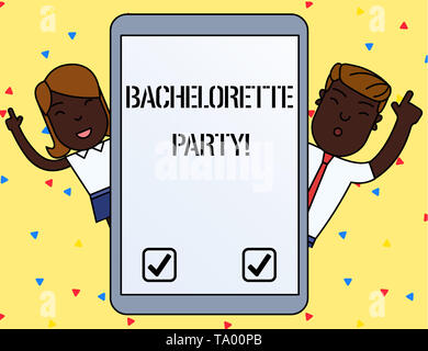 Handschrift Text schreiben Bachelorette Party. Konzeptionelle Foto einer Partei nach einer woanalysis, Heiraten, Männlichen und Weiblichen Index Finger gegeben Stockfoto