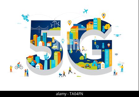 5 G flache Vector Illustration. Menschen mit mobilen Geräten im smart City Stock Vektor