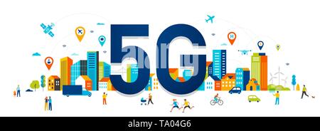 5 G flache Vector Illustration. Menschen mit mobilen Geräten im smart City Stock Vektor