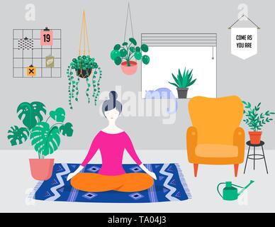 Junge Frau sitzt mit gekreuzten Beinen und meditiert zu Hause. Vector Hintergrund und Illustration Stock Vektor