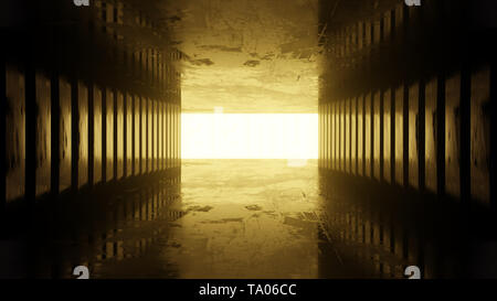 Dunkle leere Zimmer und goldenen Licht innen glänzend Hintergrund, 3D-Rendering. Stockfoto