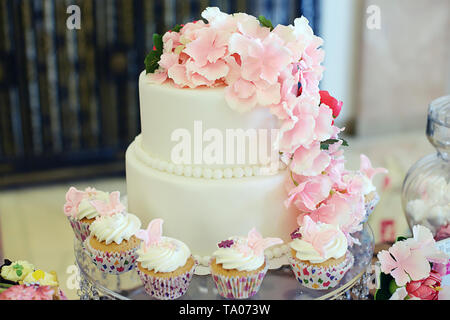 Elegante und einfache Zwei tiered Kuchen in Weiß royal abgedeckt Vereisung mit Rosa dekorative Blumen und durch leckere kleine Törtchen umgeben Stockfoto