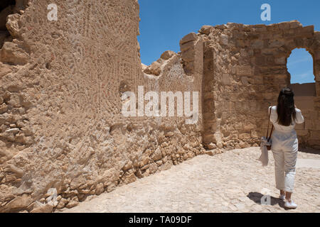 Israel, historischen Masada aka Massada. UNESCO. Die Ruinen der byzantinischen Kirche, ca. fünften und sechsten Jahrhundert. Reich verzierten Wänden dekoriert mit alten Töpferei Shard Stockfoto