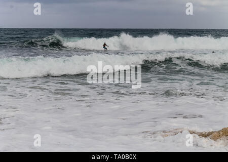 Junge Männer surfen grobe Monsun Wellen an Juara Beach auf Tioman Insel, Malaysia Stockfoto