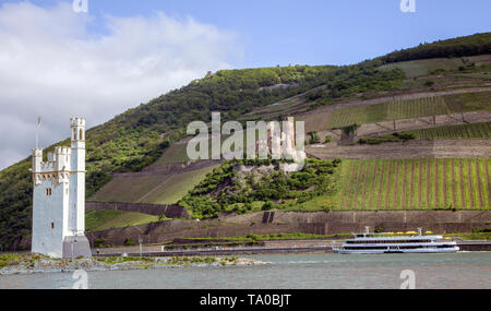 Maus Turm und Burg Ehrenfels, Weltkulturerbe der UNESCO, Bingen am Rhein, Oberes Mittelrheintal, Rheinland-Pfalz, Deutschland Stockfoto