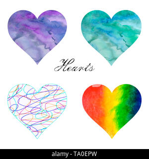 Aquarell von Hand bemalte Abbildung. Eine Reihe von Herzen gefüllt Aquarell Hintergründe Stockfoto